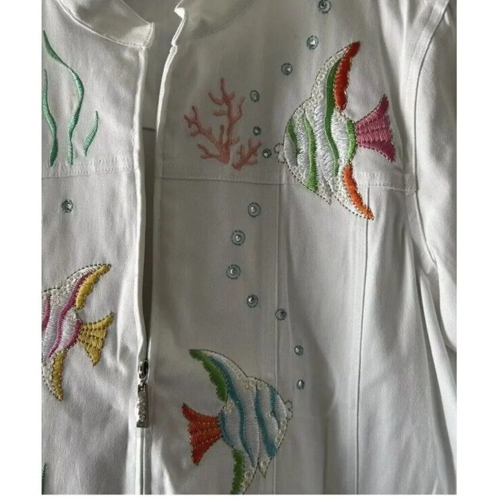 Quacker Factory‎ White Jacket Medium Fish Embroidered Rhinestone - Picture 6 of 10